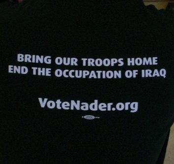 T shirt that says "Bring our troops home now" from VoteNader.org.