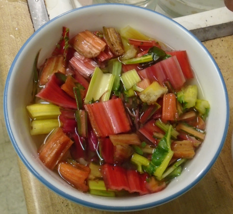 Chopped chard stems about to be boiled.