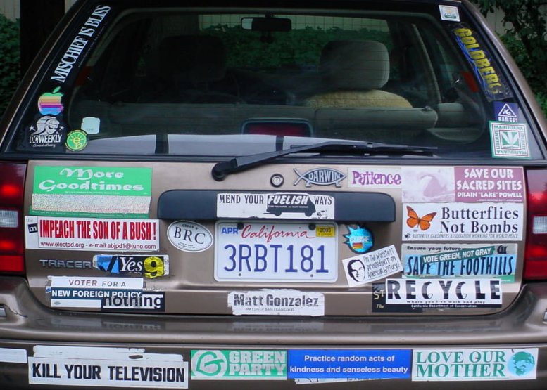 The back end of the car in my parking space. Generally has lots of stickers on it. As of 2/05 lots of them were green.