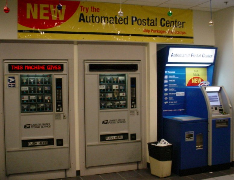 Vending machines to sell stamps and weigh packages.