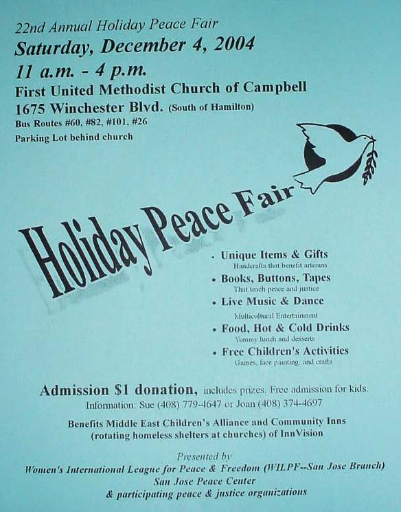 A blue and white flier advertising the Holiday Peace Fair.