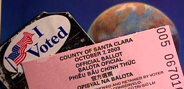Picture of my ballot stub from Oct 7, 2003 with an I VOTED sticker.