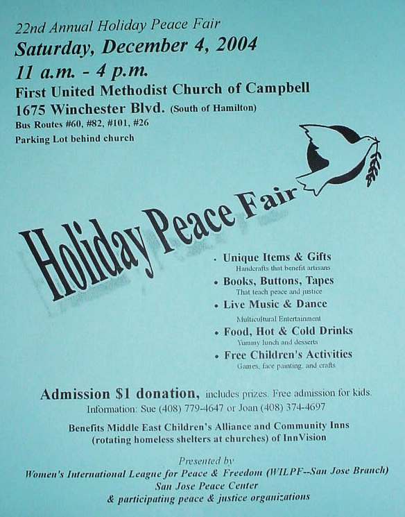 A blue and white flier advertising the Holiday Peace Fair.