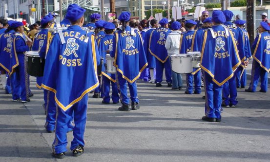 Marching band in blue uniforms look great!