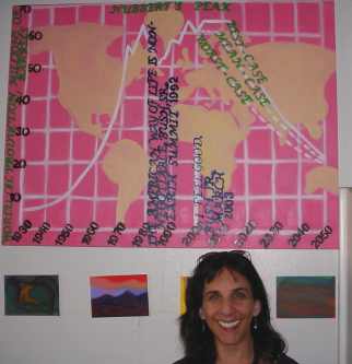 Sue with a big grin stands in front of her painting showing Colin Campbell's peak oil prediction superimposed on a map of mother earth.
