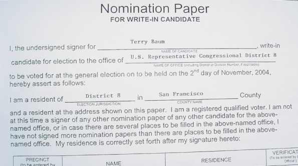 Picture of nominating papers to get Terry Baum on the ballot as a write in Candidate.