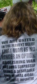 A T Shirt with words about how bad war is.