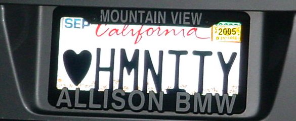 California license plate that says "LOVE HUMANITY".