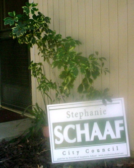 Plants by door support a Stepahnie Schaaf for City Council sign.