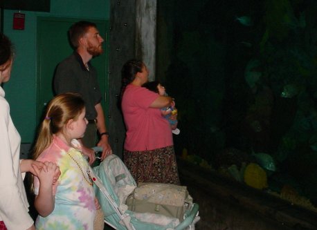 People stand by huge aquarium.
