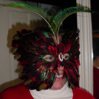 Smiling human with butterfly mask.