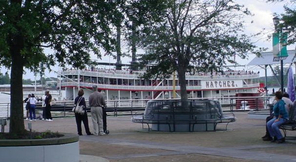 Paddle wheeler goes by on the Mississippi River.