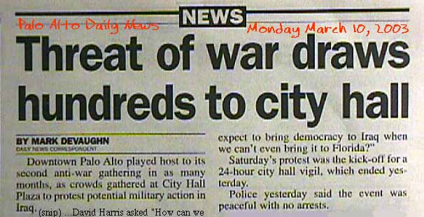 Clipping of an article in the paper about a peace event in downtown Palo Alto.